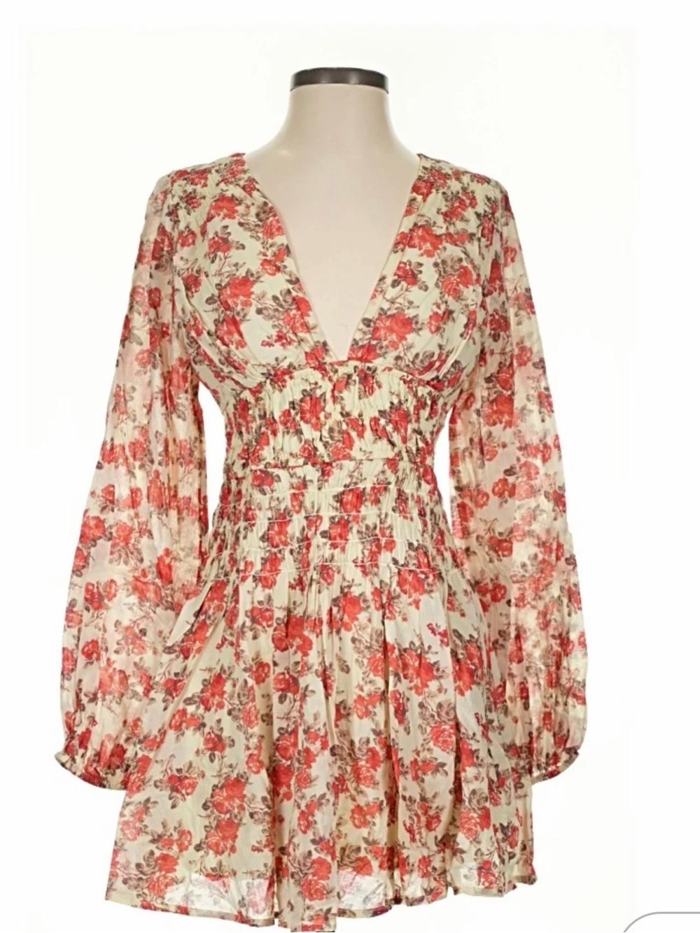 Free People XS Floral Mini Dress Red Cream Smocked Waist Long Sleeve Boho